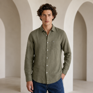 SORMA Olive Cotton Linen Slim Fit Casual Shirt for Men | The Bear House